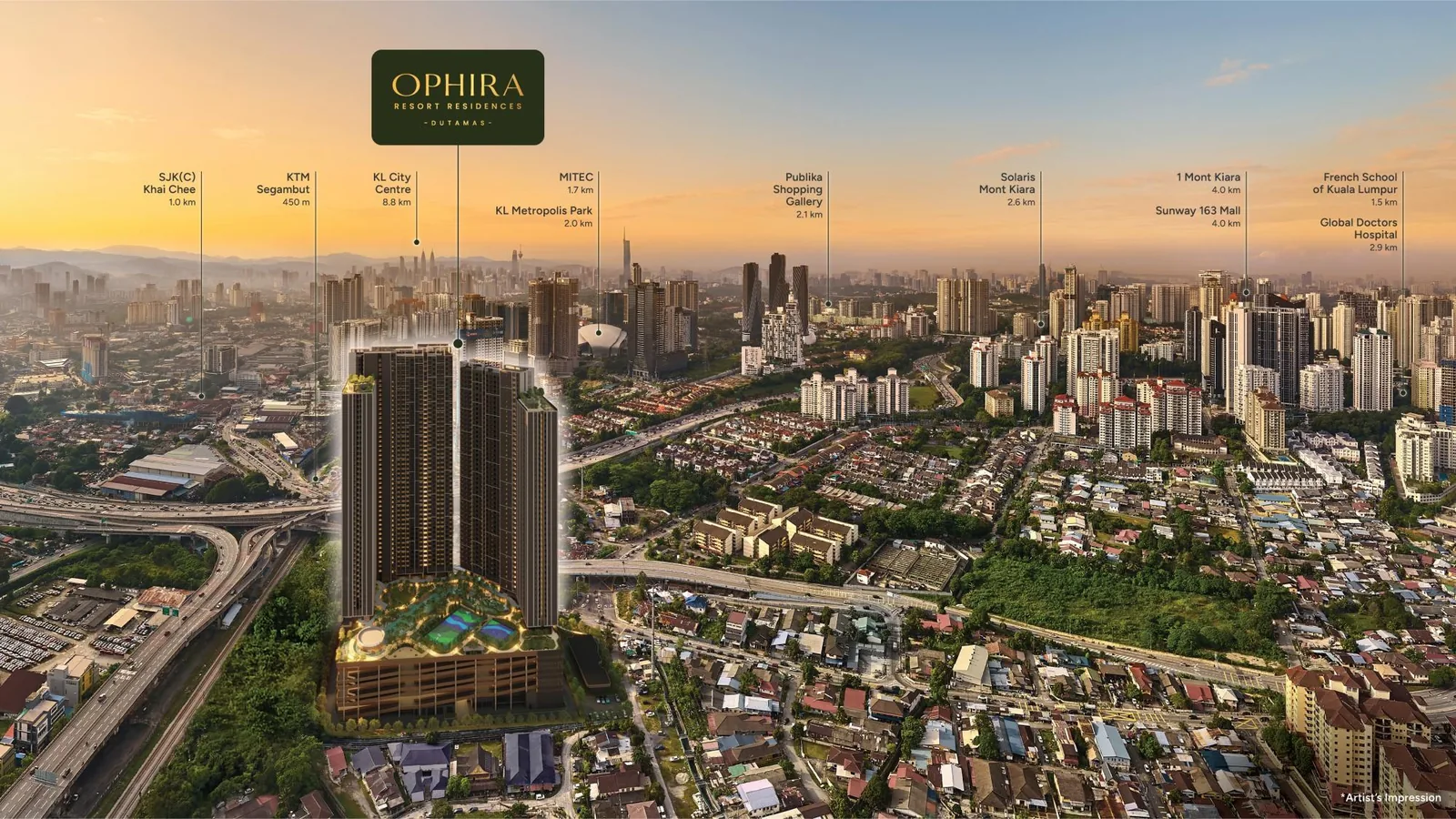 Full aerial context of Ophira Resort Residences near Dutamas and Mont Kiara, Kuala Lumpur