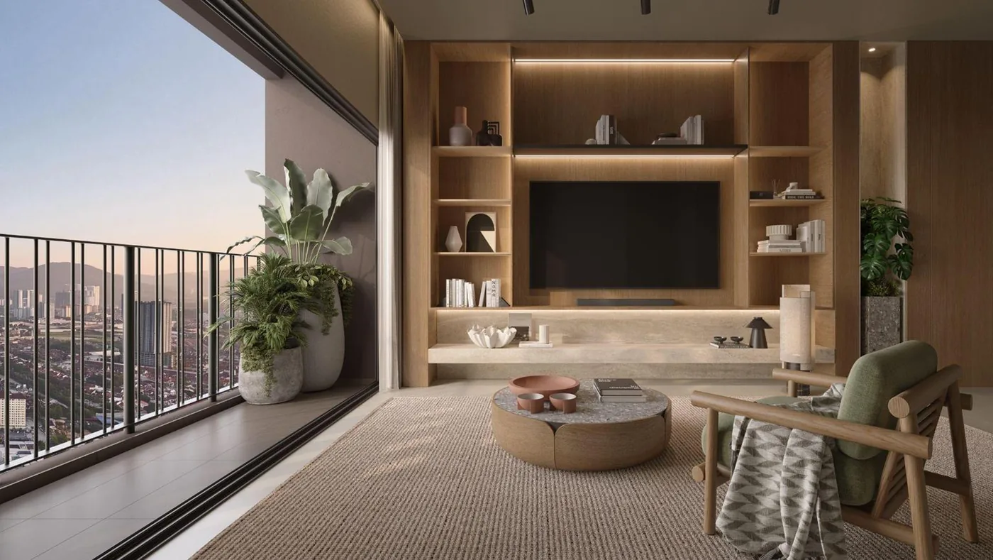 Artist's impression of a warm contemporary living area with balcony