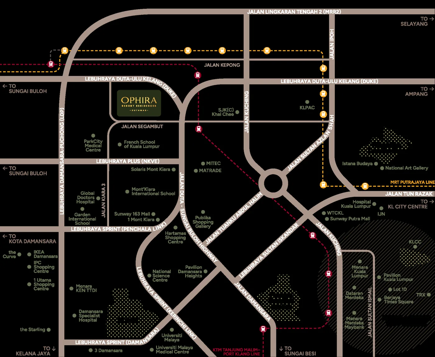 Location map showing Ophira's relationship to major Kuala Lumpur roads, rail lines and neighbourhoods
